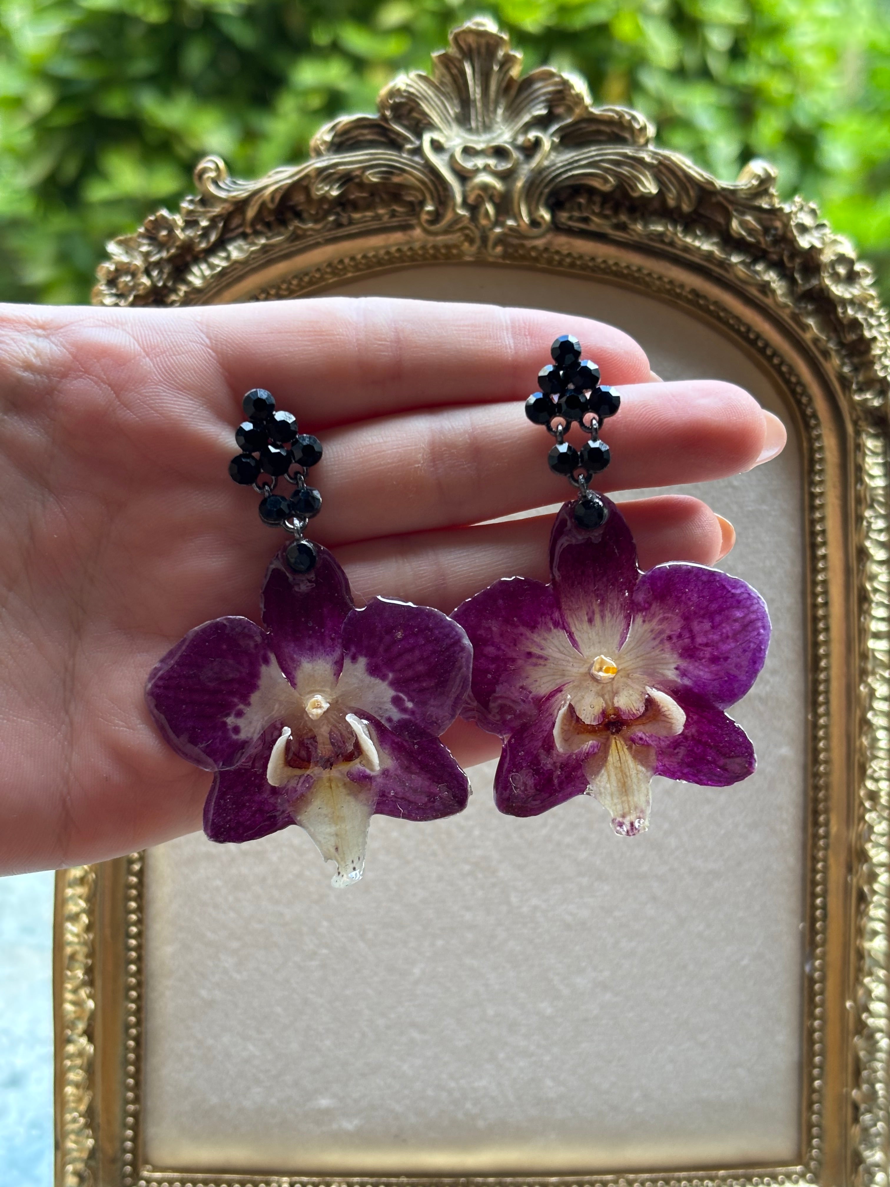 Pendientes Plateados con Flor Real Orquídea Blanca-Morada | JOYERÍA BOTÁNICA |