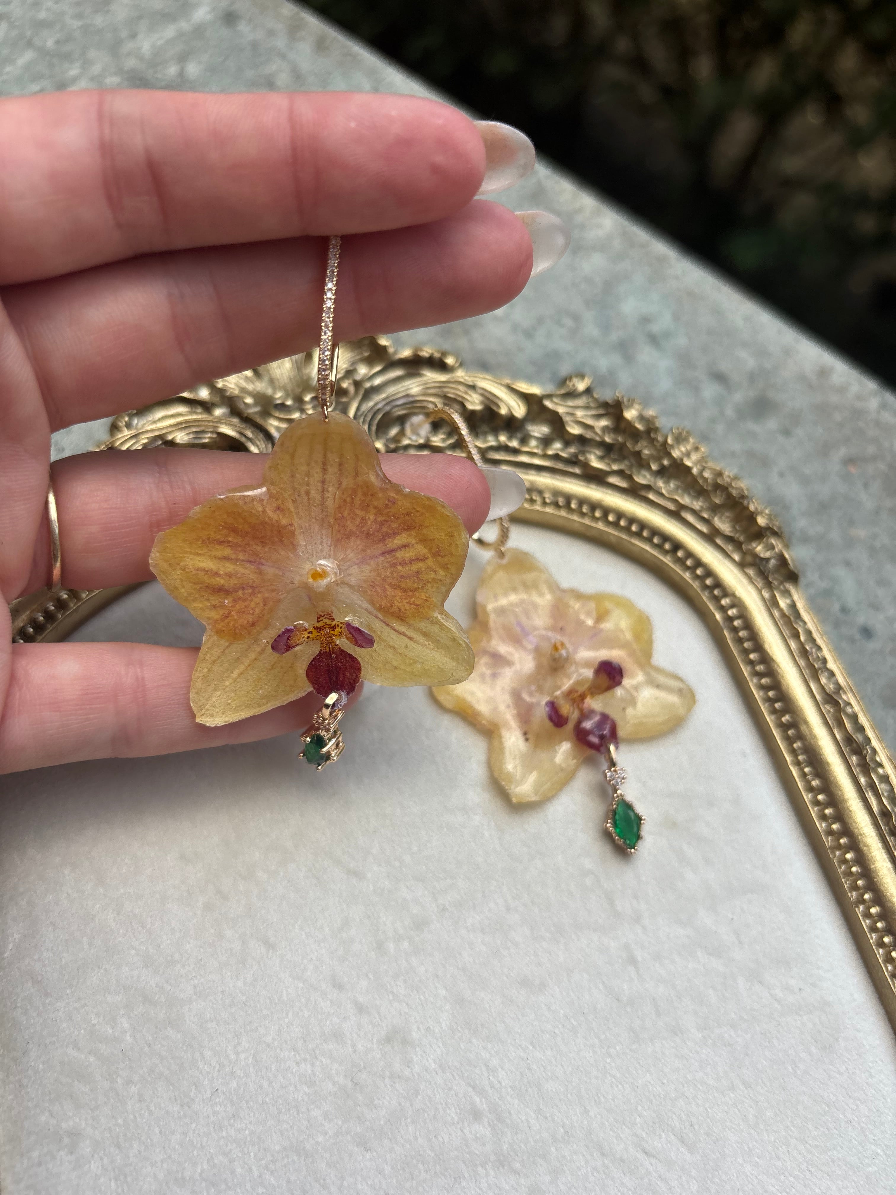 Pendientes Dorados con Flor Real Orquídea Amarilla | JOYERÍA BOTÁNICA |