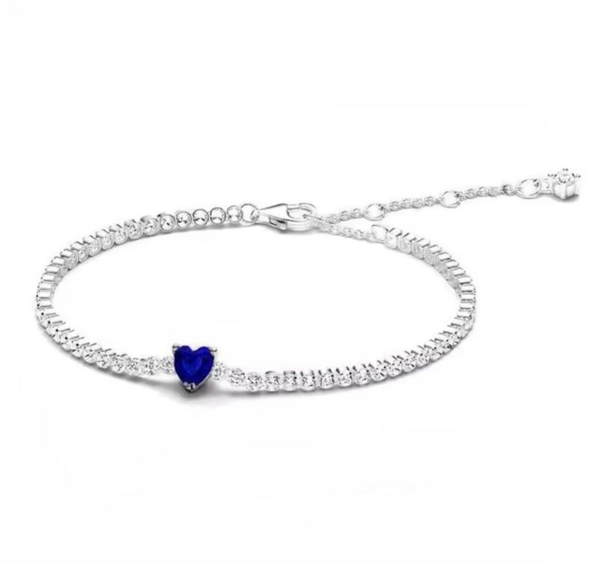 Pulsera Tenis Plateada Corazón Azul